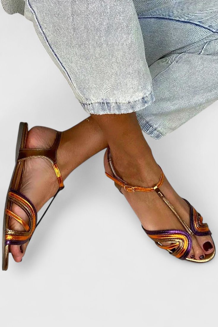 Goldene Damen-Sandalen Raluca mit farbigem Riemen und Schnalle – Ansicht 3