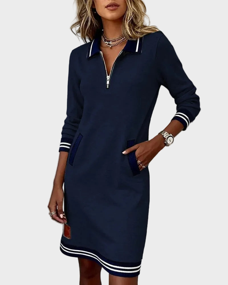 Hera – Baumwollkleid mit langen Ärmeln, Kragen und Reißverschluss
