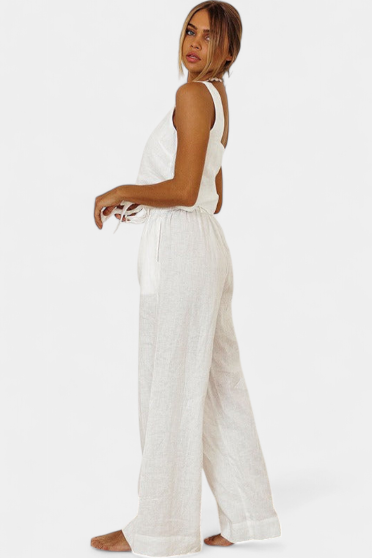 Damen-Leinen-Set Pascuala mit ärmelloser Bluse und weiter Hose – Ansicht 5