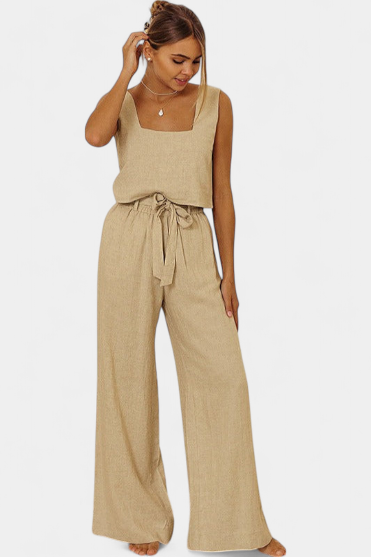 Damen-Leinen-Set Pascuala mit ärmelloser Bluse und weiter Hose – Ansicht 2