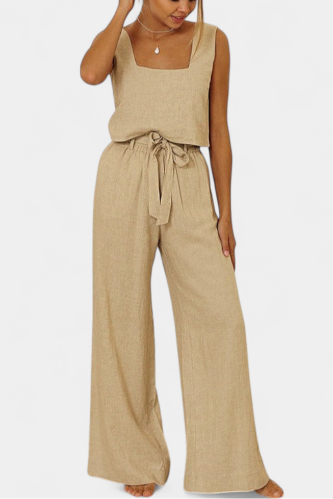 Damen-Leinen-Set Pascuala mit ärmelloser Bluse und weiter Hose