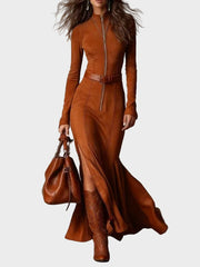 Lauren – Braunes Maxikleid für Damen mit Reißverschluss und Gürtel – Ansicht 3