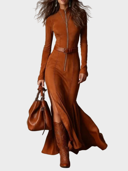 Lauren – Braunes Maxikleid für Damen mit Reißverschluss und Gürtel – Ansicht 3