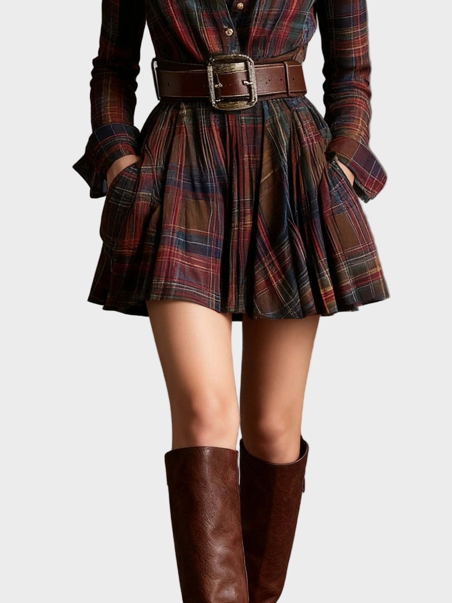 Beck – Vintage-Minikleid mit Revers und rotbraunem Karomuster – Ansicht 6
