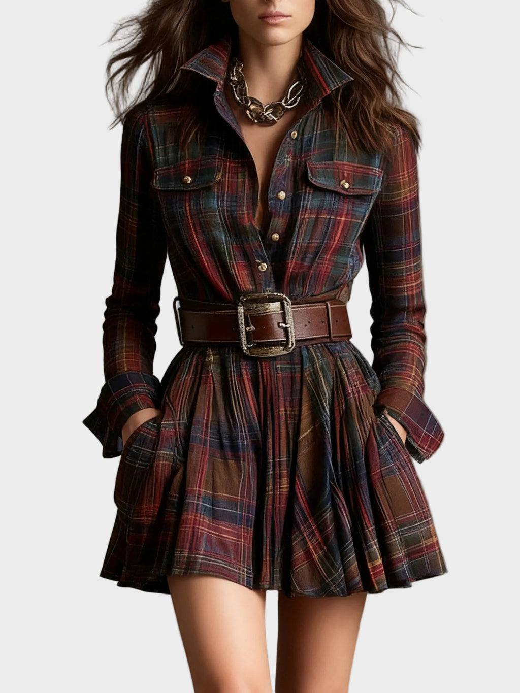 Beck | Retro-Minikleid mit Revers und rotbraunem Karomuster