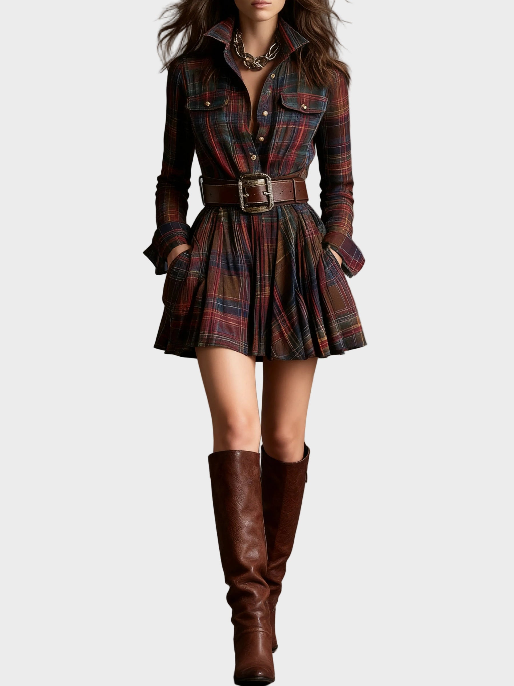 Beck – Vintage-Minikleid mit Revers und rotbraunem Karomuster