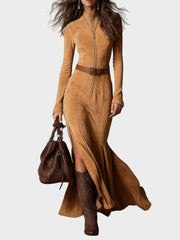 Lauren – Braunes Maxikleid für Damen mit Reißverschluss und Gürtel – Ansicht 4