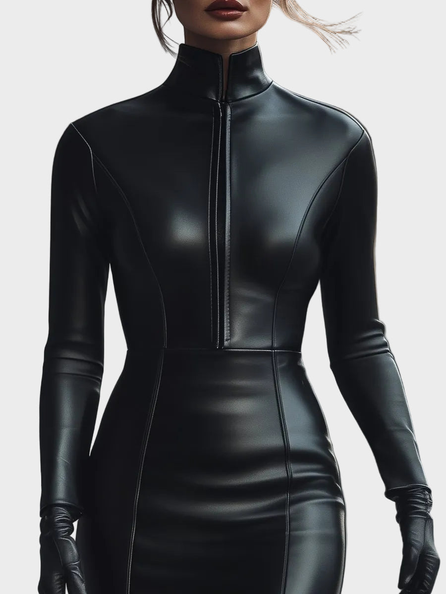Lovely – Elegantes schwarzes Kunstlederkleid mit Reißverschluss – Ansicht 2