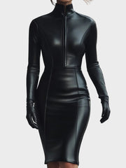 Lovely – Elegantes schwarzes Kunstlederkleid mit Reißverschluss