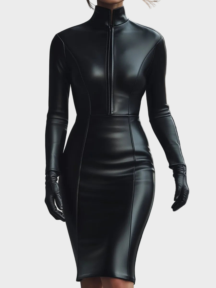 Lovely – Elegantes schwarzes Kunstlederkleid mit Reißverschluss