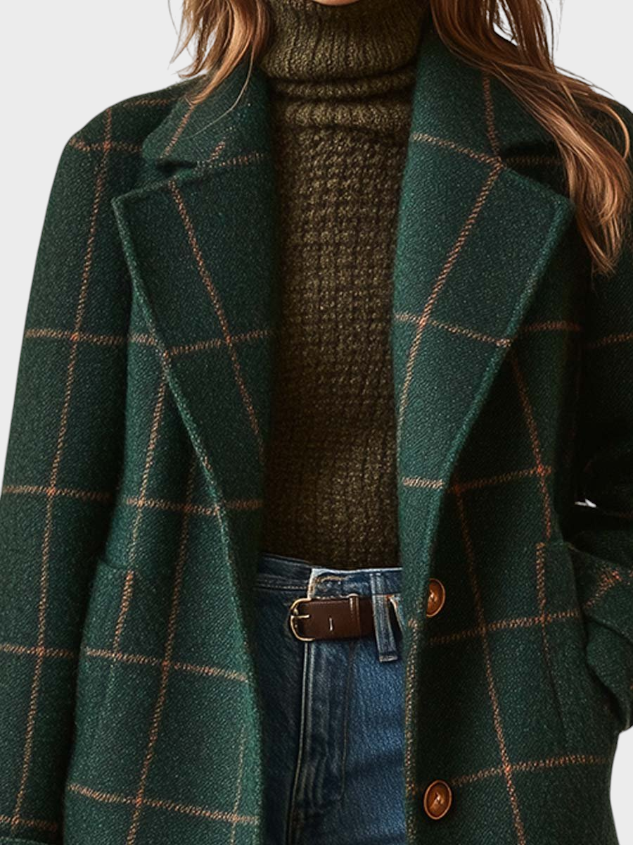 Retro-Tweedmantel für Damen mit Karomuster und Kragen – Ansicht 2