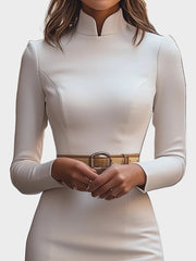 Fiona – Elegantes weißes Kleid mit Stehkragen und Gürtel – Ansicht 2