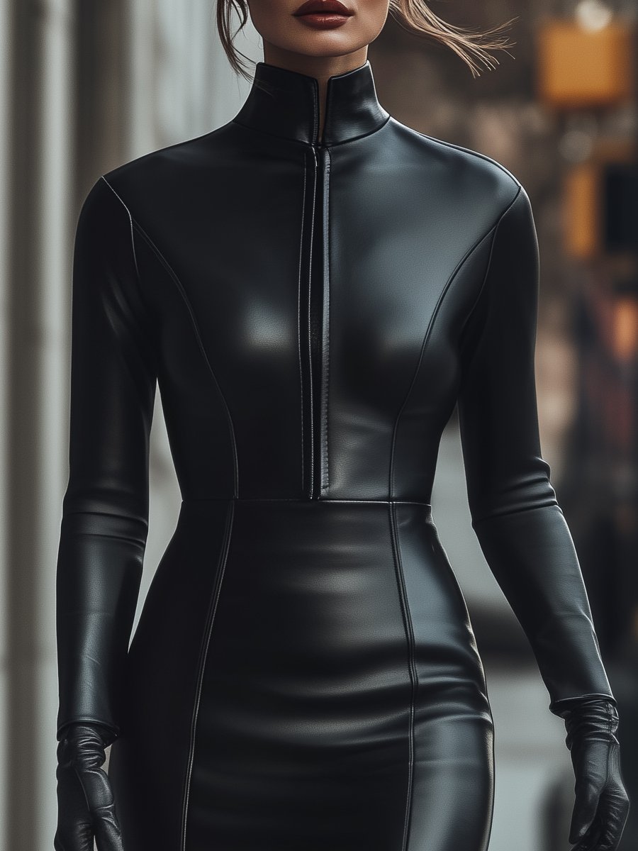 Lovely – Elegantes schwarzes Kleid aus Kunstleder mit Reißverschluss – Ansicht 2