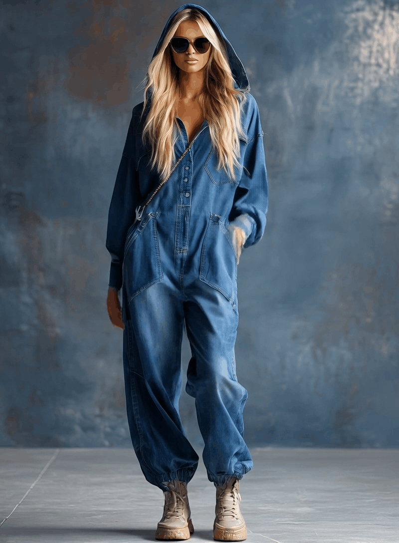 Priscilla – Blauer lockerer Jeans-Overall mit Kapuze und Knöpfen – Ansicht 2