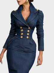 Zoey – Denim-Midikleid im Crossover-Stil mit goldfarbenen Knöpfen – Ansicht 2