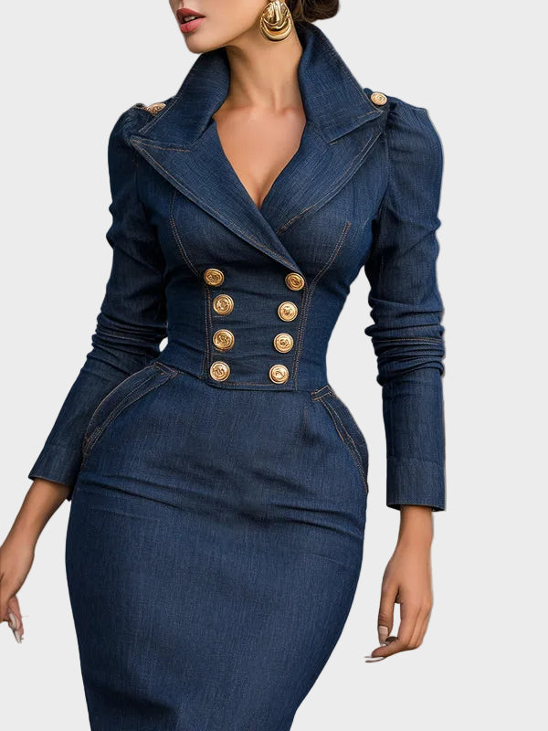 Zoey – Denim-Midikleid im Crossover-Stil mit goldfarbenen Knöpfen – Ansicht 2