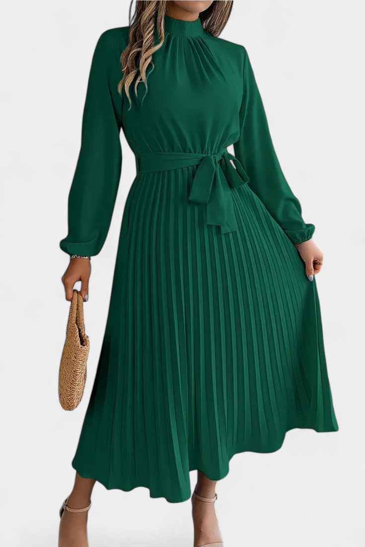 Theresa – Damenkleid mit hohem Kragen und plissiertem Gürtel – Ansicht 8