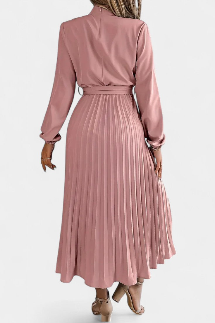 Theresa – Damenkleid mit hohem Kragen und plissiertem Gürtel – Ansicht 2