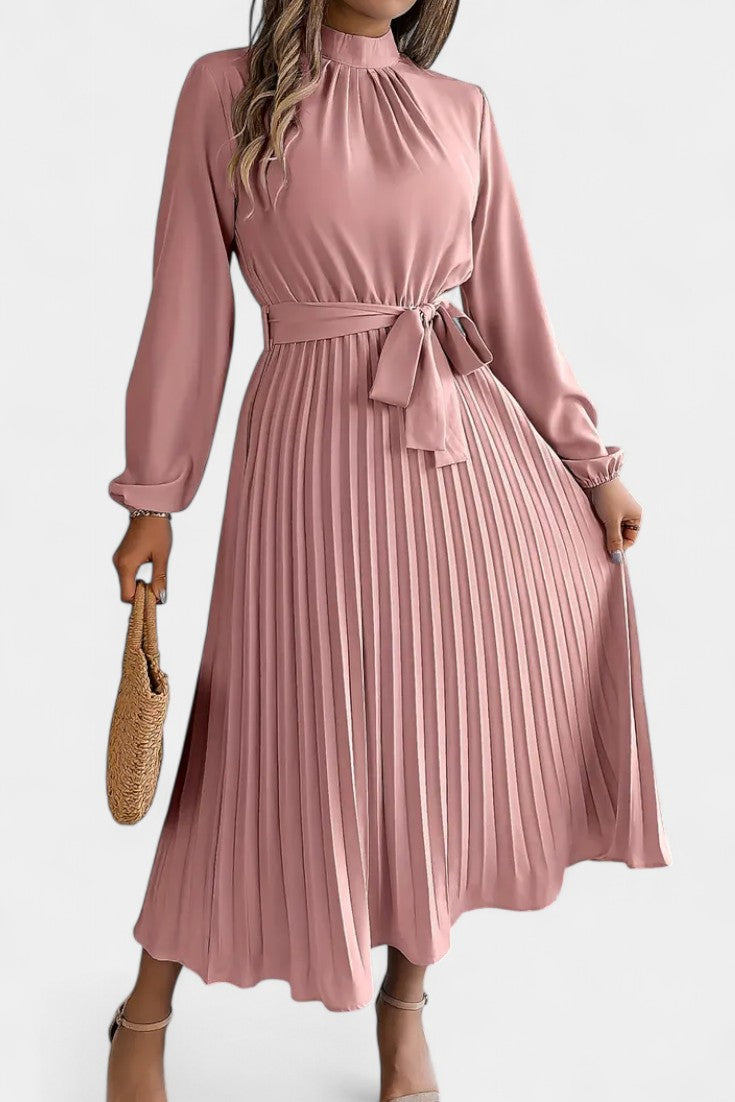 Theresa – Damenkleid mit hohem Kragen und plissiertem Gürtel – Ansicht 12