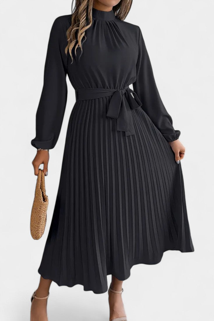 Theresa – Damenkleid mit hohem Kragen und plissiertem Gürtel – Ansicht 3