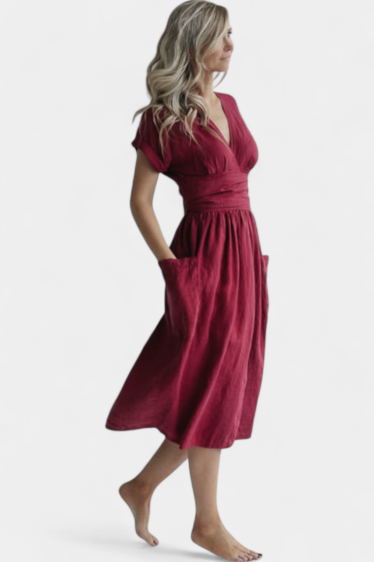 Cressida – Baumwollkleid für Damen mit V-Ausschnitt und Gürtel – Ansicht 2