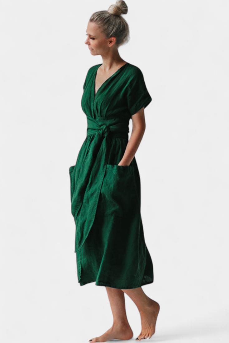 Cressida – Baumwollkleid für Damen mit V-Ausschnitt und Gürtel – Ansicht 11