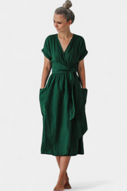 Cressida – Baumwollkleid für Damen mit V-Ausschnitt und Gürtel – Ansicht 9