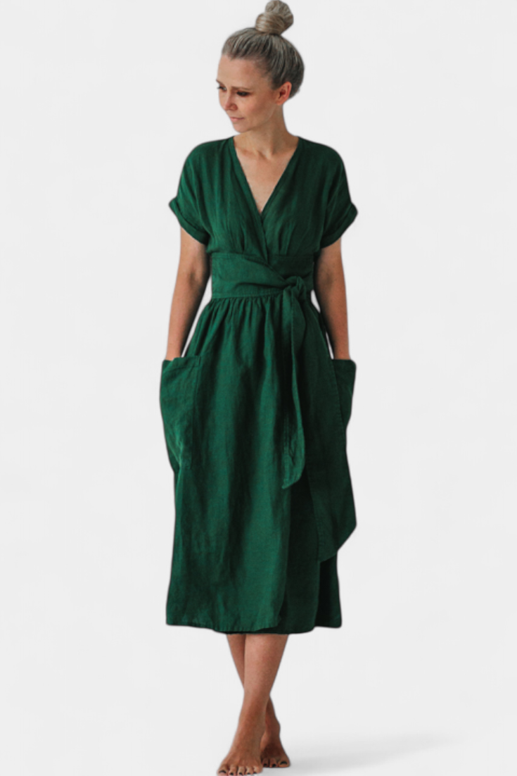 Cressida – Baumwollkleid für Damen mit V-Ausschnitt und Gürtel – Ansicht 9