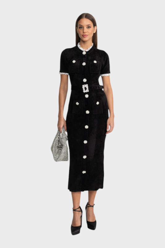Phenelope – Schwarzes Samt-Midikleid mit Kristallknöpfen und Spitze