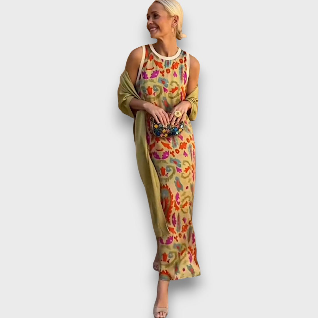 Elveria – Langes florales Damenkleid mit luftiger Strickjacke – Ansicht 7