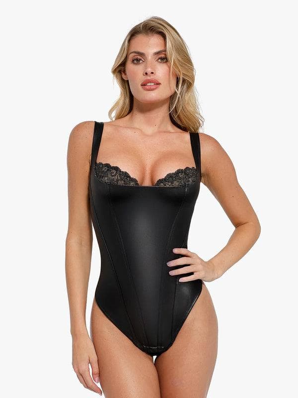 Damen-Body aus Kunstleder mit Balconette-Spitze