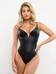 Damen-Korsett-Body aus Kunstleder mit tiefem Ausschnitt
