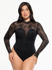 Damen-Body aus floraler Spitze mit langen Ärmeln und Rollkragen