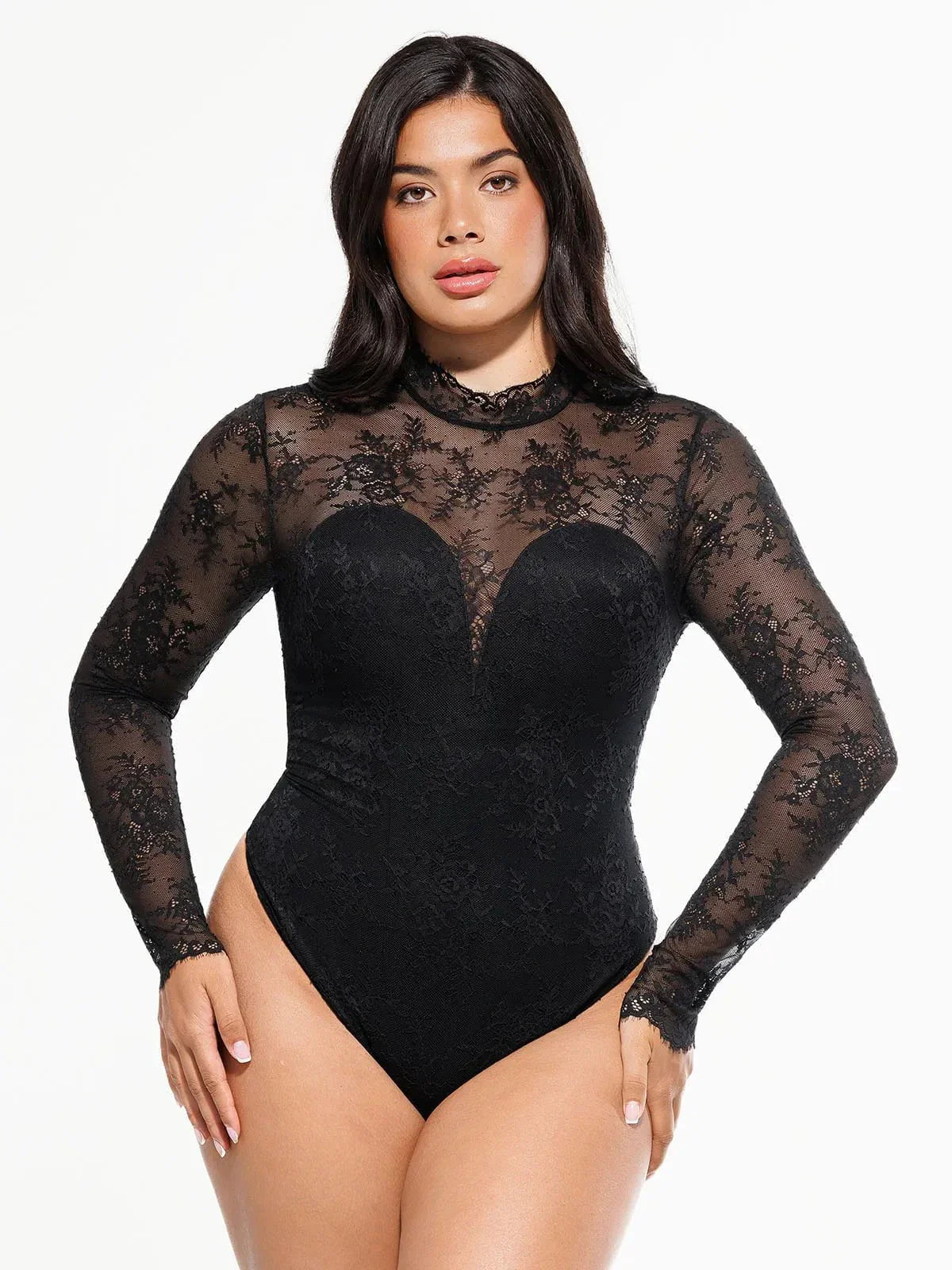 Damen-Body aus floraler Spitze mit langen Ärmeln und Rollkragen