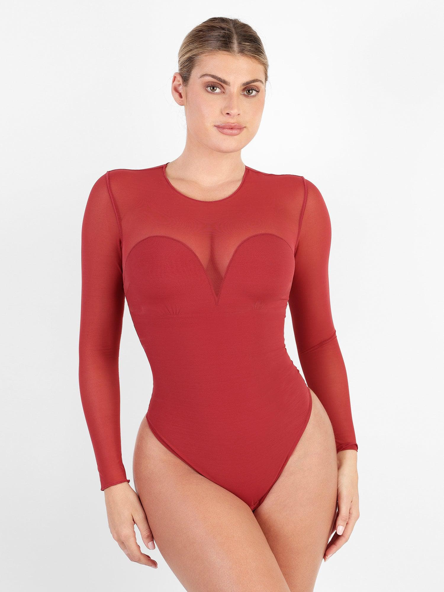 Damen-Mesh-Body mit langen Ärmeln und Bauchkontrolle