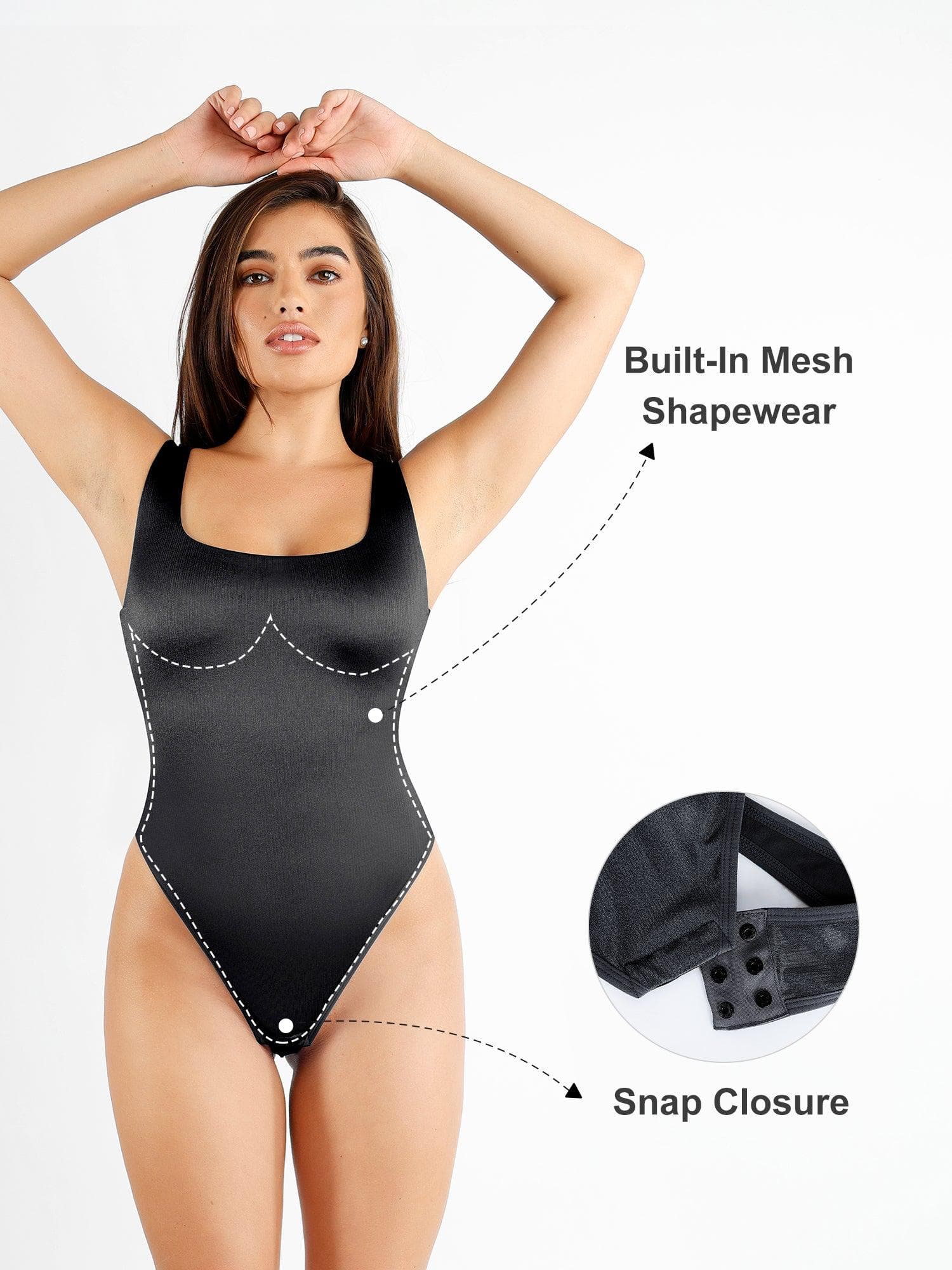 Damen-Satin-Body im Tanga-Schnitt mit eckigem Ausschnitt
