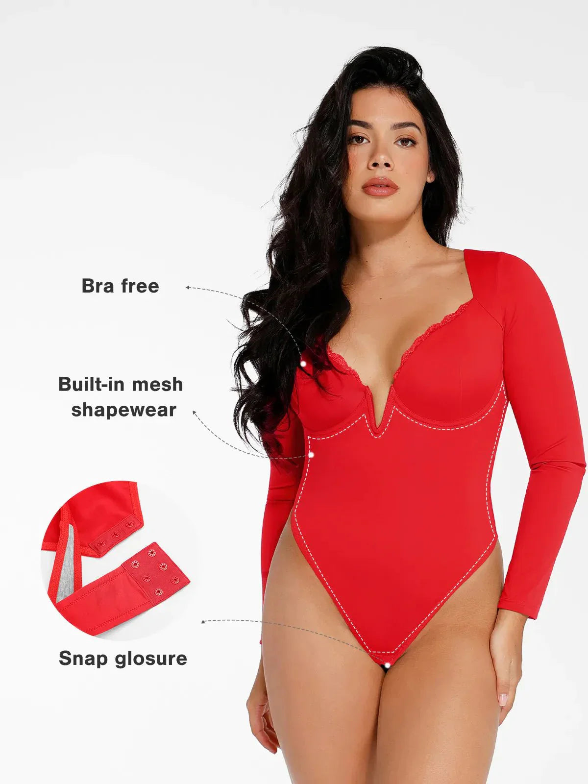 Langärmliger Damen-Body mit Spitze und V-Ausschnitt