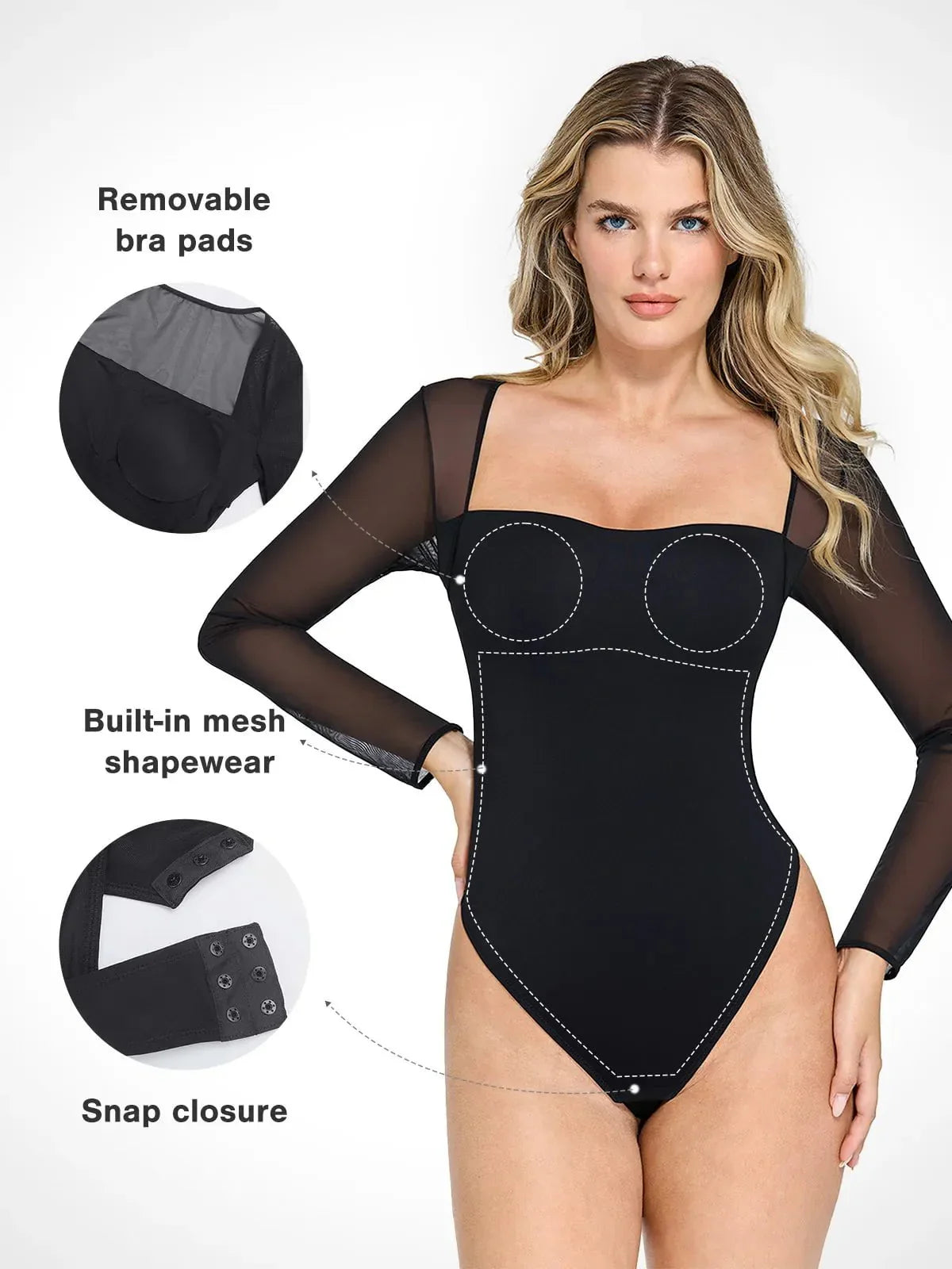 Damen-Body mit Netzärmeln und eckigem Ausschnitt – Ansicht 2