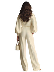 Caitlyn – Elfenbeinfarbenes Damen-Set mit Rippstruktur und hochgeschnittener Hose – Ansicht 5