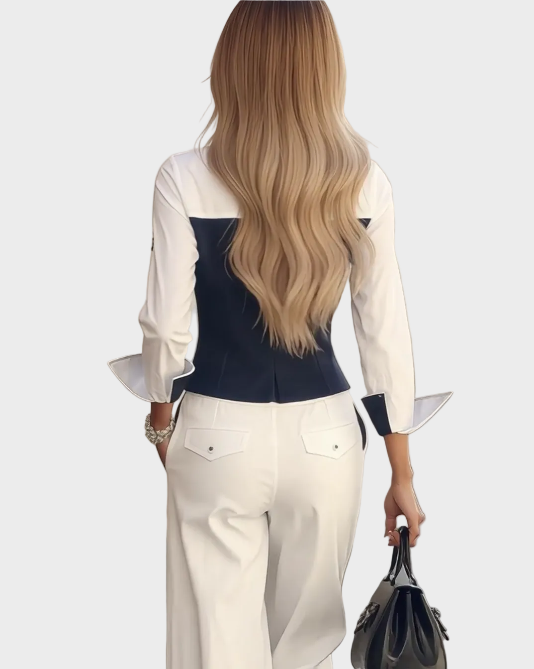 Arla – Damen-Set mit weiß-marineblauem Hemd und weit geschnittener Hose – Ansicht 2