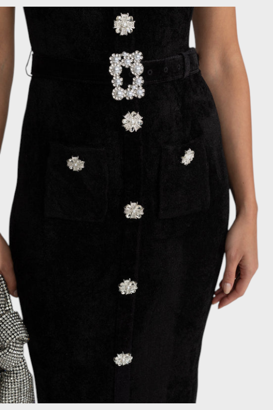 Phenelope – Schwarzes Samt-Midikleid mit Kristallknöpfen und Spitze – Ansicht 2