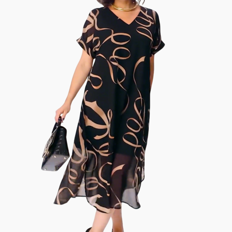 Elegantes Midikleid mit V-Ausschnitt und Schleifenprint