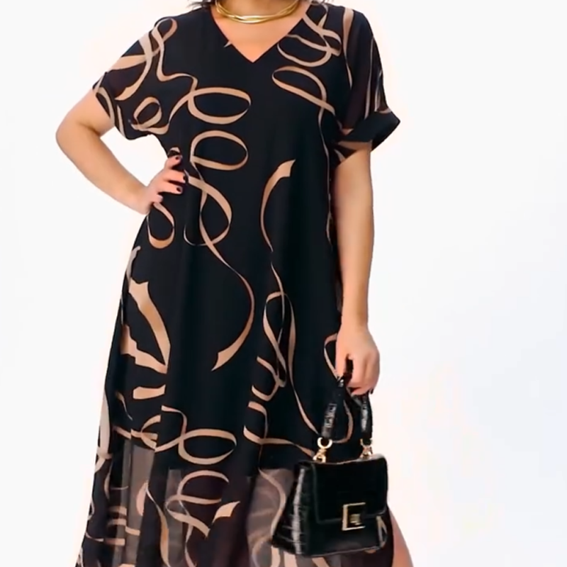 Elegantes Midikleid mit V-Ausschnitt und Schleifenprint – Ansicht 3