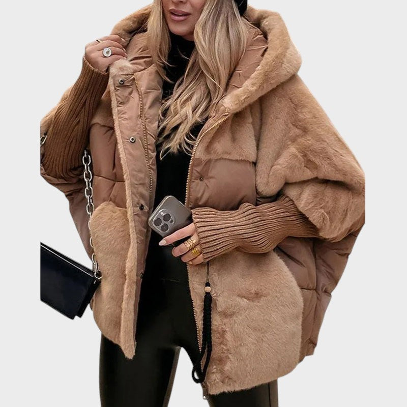 Zoe – Oversize-Mantel für Damen mit Kapuze und Patchwork