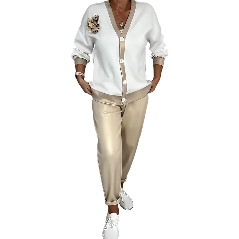 Aubrey – Lässiges zweiteiliges Damen-Set mit V-Ausschnitt-Top und hochgeschnittener Hose