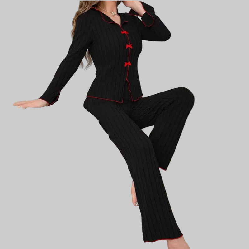 Pyjama-Set für Damen aus Rippstrick mit Reverskragen und Schleifen – Ansicht 2