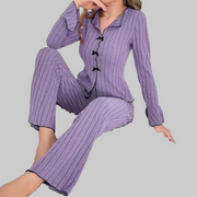 Pyjama-Set für Damen aus Rippstrick mit Reverskragen und Schleifen – Ansicht 7