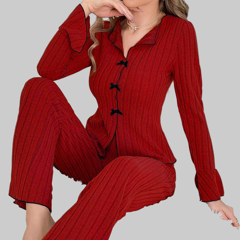 Pyjama-Set für Damen aus Rippstrick mit Reverskragen und Schleifen – Ansicht 10