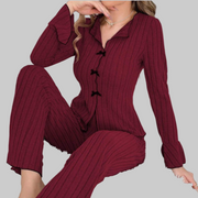 Pyjama-Set für Damen aus Rippstrick mit Reverskragen und Schleifen – Ansicht 11