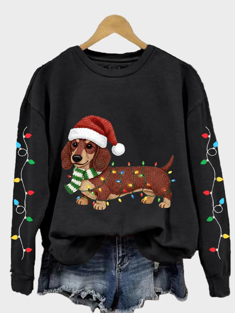 Ella – Damen-Sweatshirt mit Dackelmotiv und Weihnachtslichtern